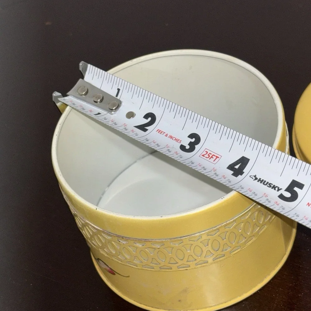 VTG Buttery Yellow Powder Box Tin Feminine Shabby Granny Cottage Dresser Table